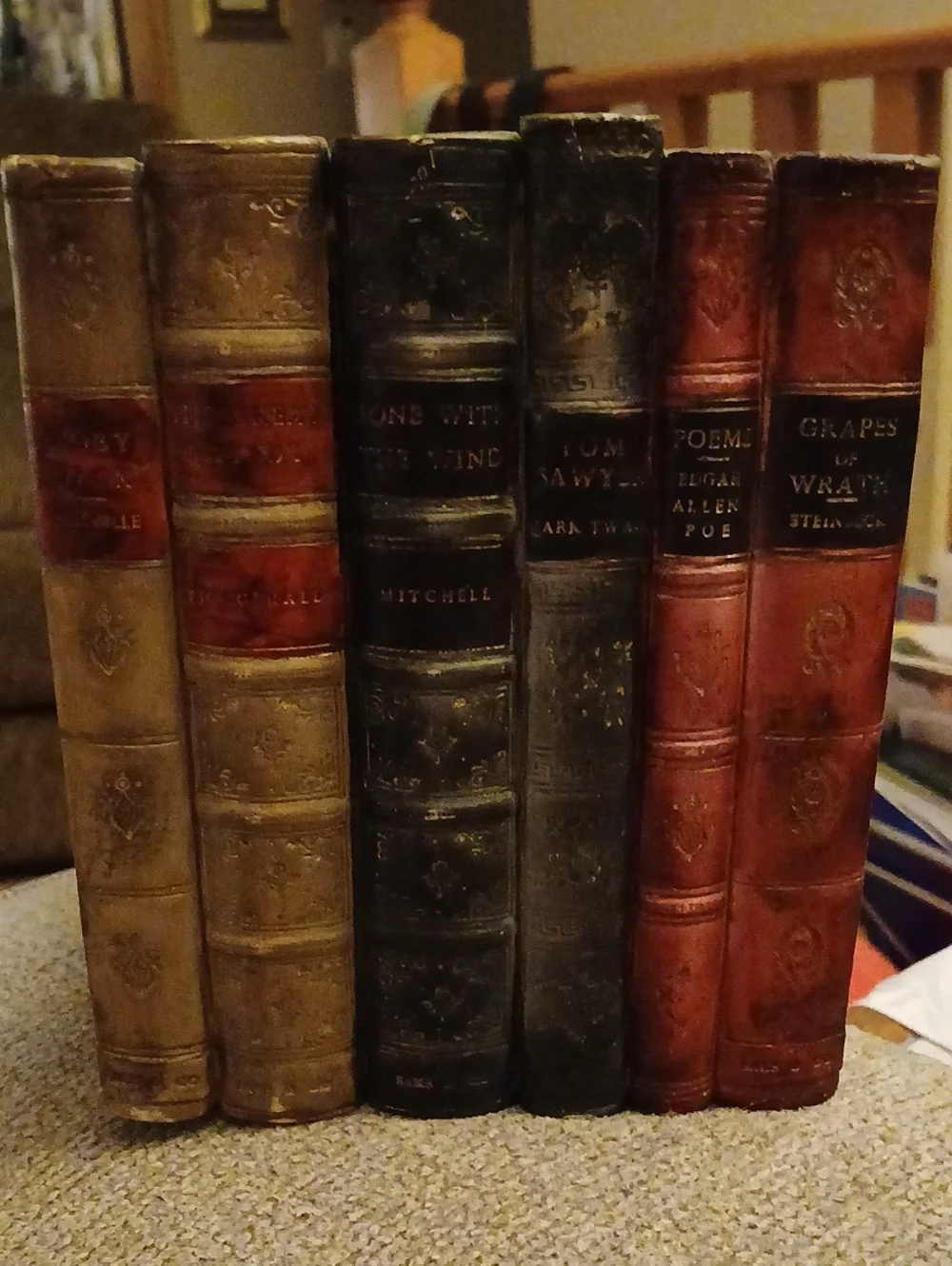 Set of Six Vintage Leather-Bound Books in Tan, Black & Red Disc Box